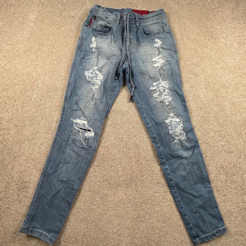 Ellus Premium Denim Distressed Drawstring Jeans Blue Tapered Size 32 22 0967